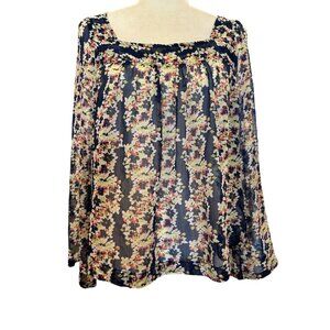 Jessica Simpson Floral Sheer Crop Top Blouse M Long Sleeve  Navy Blue & Multicol